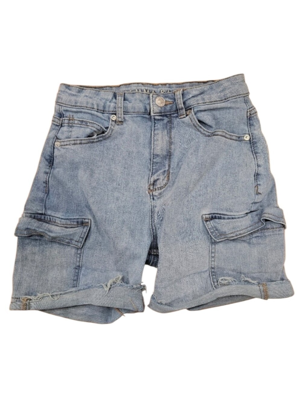 GEMMA RAE High Rise Cargo Style Demin Shorts Light Wash Raw‎ Hem